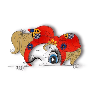 Cute Girl with Big Bow Doodle Embroidery Design, Little Girl Sketch Machine Embroidery File, Mädchen mit Schleife Stickdatei, 2 Größen
