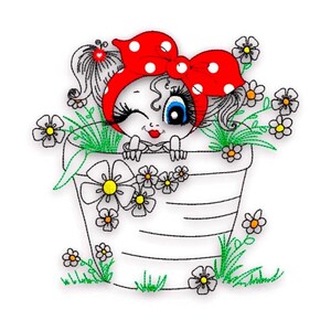 Cute Girl in Flower Pot Doodle Embroidery Design, Big Bow Girl with Flowers Machine Embroidery File, Mädchen Blumen Stickdatei, 3 Größen