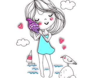 Beach Girl Doodle Embroidery Design, Girl with Seashell Machine Embroidery File, Girl by the Sea Embroidery File, 2 Sizes