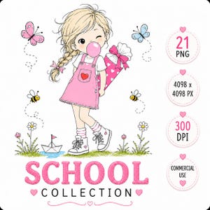 Primer día de clases, paquete de imágenes prediseñadas PNG de regreso a clases, niña y niño en edad escolar, conjunto de imágenes prediseñadas de cono escolar, PNG de regreso a clases, 20 imágenes prediseñadas