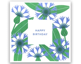 Handprinted Happy Birthday Card with blue cornflowers