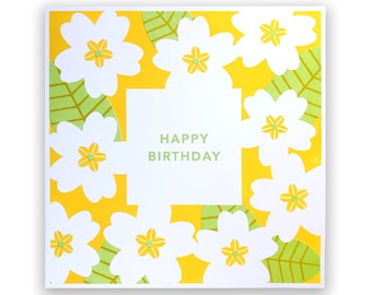 Handprinted Happy Birthday Card with yellow primrose flowers