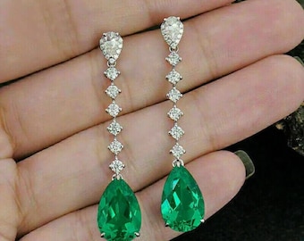 Women's Wedding Earring, 2CT Simulated Emerald, 14K White Gold, Drop Dangle Earring, Tear Drop Earring For Gift, Engagement Gift For Her