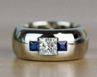 Men's Dome Shape Wedding Band, 14K White Gold Plated, 1.6 Ct Simulated Diamond, Three Stone Engagement Ring, Bezel Set Statement Ring