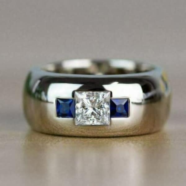 Men's Dome Shape Wedding Band, 14K White Gold Plated, 1.6 Ct Princess Cut Diamond, Three Stone Engagement Ring, Bezel Set Statement Ring