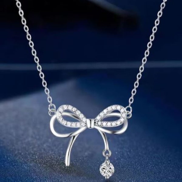 Women's Bow Wedding Anniversary Pendant With Chain, 935 Argentium Silver, 2 Ct Simulated Diamond, Engagement Promise Necklace, Birthday Gift