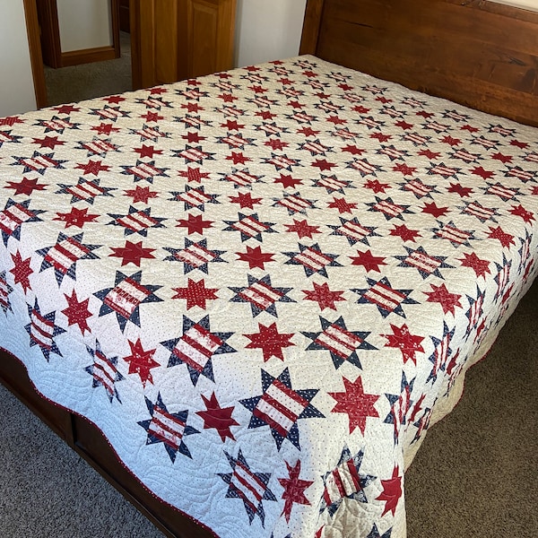 Edredón de estrellas americano hecho a mano: decoración patriótica en rojo, blanco y azul (96 x 96)