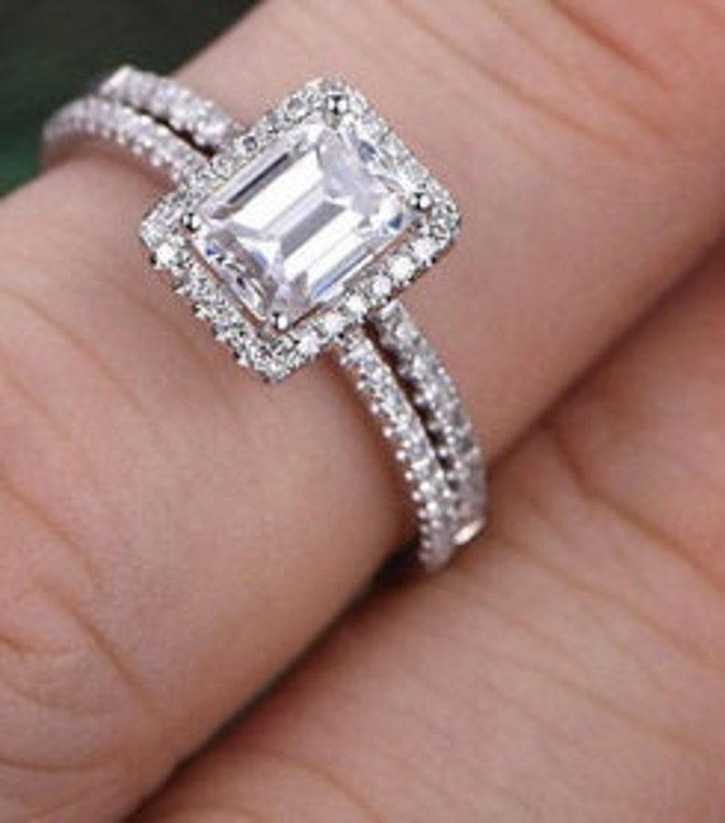 Personalized Gift Engagement Ring Bridal Ring Set 1.9Ct Emerald Cut Diamond Ring Sterling Silver Ring Set Wedding Ring Engagement Gift