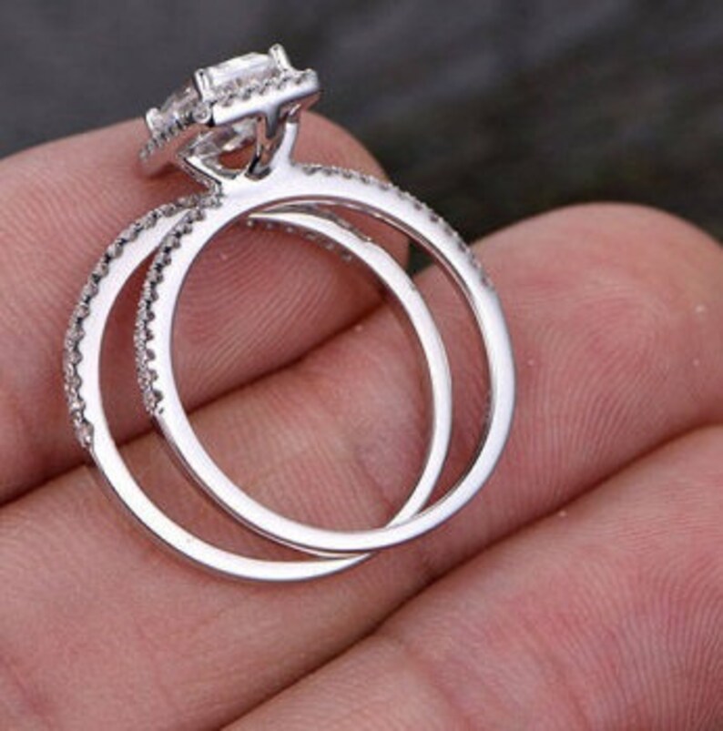 Personalized Gift Engagement Ring Bridal Ring Set 1.9Ct Emerald Cut Diamond Ring Sterling Silver Ring Set Wedding Ring Engagement Gift