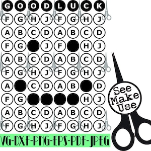 May include: A black and white alphabet chart with the word "GOODLUCK" at the top. The chart has a pattern of letters in circles, with some circles filled in black. The chart is surrounded by a pair of scissors with the words "See Make Use" written on the blades.