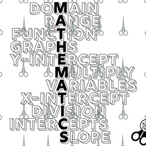 May include: Black and white graphic featuring the word "MATHEMATICS" spelled vertically with related math terms. The word "MATHEMATICS" is in bold, with other terms like "DOMAIN", "RANGE", "FUNCTION", and "SLOPE" surrounding it. Scissors are scattered around the text.