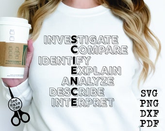 May include: White long-sleeve shirt with black text that reads "INVESTIGATE, COMPARE, IDENTIFY, EXPLAIN, ANALYZE, DESCRIBE, INTERPRET". The text is arranged in a vertical column with the letters "SCIENCE" spelled out vertically in the center of the text.