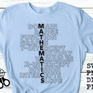 May include: Light blue t-shirt with the word "MATHEMATICS" spelled vertically with math terms. The shirt also has the words "SVG, PNG, DXF, PDF" on the right side. A pair of scissors with the words "See Make Use" are on the left.