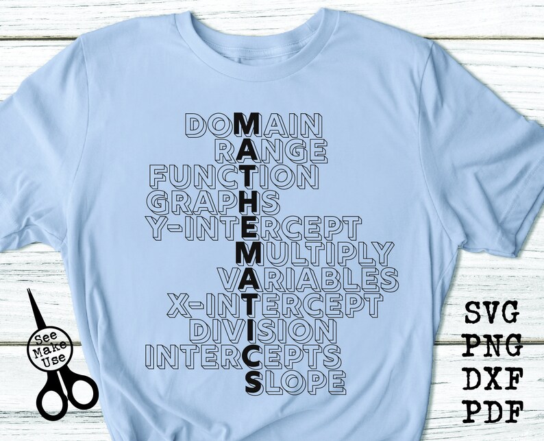 May include: Light blue t-shirt with the word "MATHEMATICS" spelled vertically with math terms. The shirt also has the words "SVG, PNG, DXF, PDF" on the right side. A pair of scissors with the words "See Make Use" are on the left.