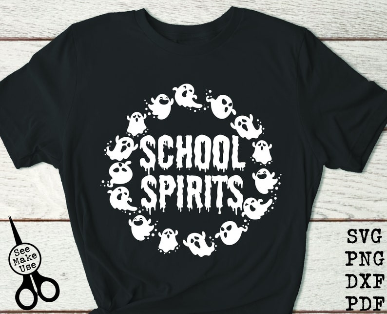May include: Black t-shirt with a white design of a circle of ghosts surrounding the text "SCHOOL SPIRITS".