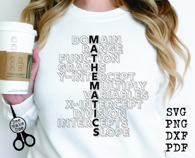 May include: White sweatshirt with the word "MATHEMATICS" spelled vertically with math terms. The words include "DOMAIN", "RANGE", "FUNCTION", "GRAPHS", "Y-INTERCEPT", "MULTIPLY", "VARIABLES", "X-INTERCEPT", "DIVISION", "INTERCEPTS", and "SLOPE".