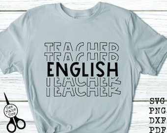 May include: Light blue t-shirt with the text "TEACHER" repeated in a stacked pattern, with the word "ENGLISH" in bold letters in the centre.