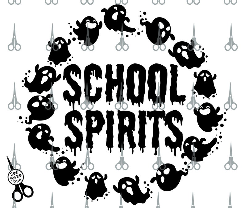 May include: Black and white graphic design featuring a circle of ghosts with the text "SCHOOL SPIRITS" in a dripping font.