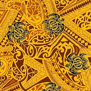 Polynesian Tribal Turtle Fabric – Yellow Poly Cotton Blend Fabric, 44” Wide Island Print by the Yard