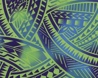 May include: Abstract pattern in shades of green, blue, and purple. The design features geometric shapes and tribal-inspired motifs, creating a visually dynamic and textured effect. The color gradient adds depth to the overall design.