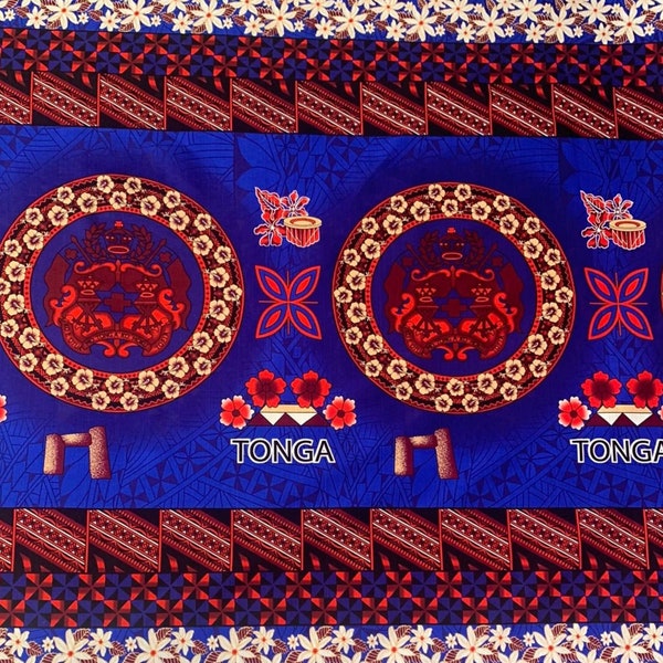 Polynesian Doby Cloth, Bark Cloth, 100% Cotton, High Quality Rich Colors - Seal of Tonga Cloth, Tonga Island Fabric, New Design - Blue