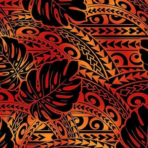Polynesian Tribal Tattoo Monstera Fabric – Red & Black 100% Cotton Fabric, 44” Wide Island Print by the Yard