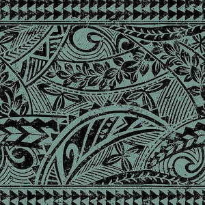 May include: A teal and black tribal pattern design. The design features various shapes, including floral elements, swirls, and geometric shapes. The pattern has a distressed, vintage look, with a textured appearance.
