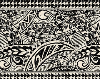 Polynesian Tribal Fabric – Beige & Black Poly Cotton Blend Fabric, 44” Wide Island Print by the Yard