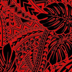 Polynesian Tribal Monstera Fabric – Red & Black Poly Cotton Blend Fabric, 44” Wide Island Print by the Yard