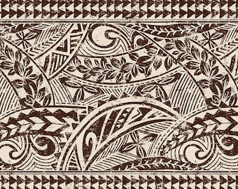 Polynesian Tribal Fabric – Beige & Brown Poly Cotton Blend Fabric, 44” Wide Island Print by the Yard