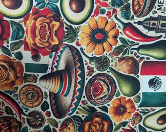 High Quality 58" Mexican Fabric by the Yard – Mexico Flag, Fiesta, Sunflower, Avocado, Chilies, Sombrero, Cinco De Mayo – Mini Matt Material