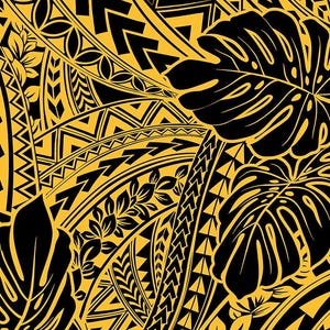 Polynesian Tribal Monstera Fabric – Yellow Gold Poly Cotton Blend Fabric, 44” Wide Island Print by the Yard