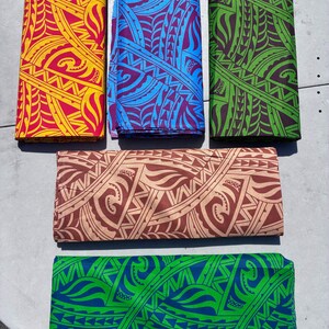 May include: Five fabric swatches with different Polynesian-inspired patterns. The swatches are in various colors, including yellow, blue, green, brown, and green. The patterns are intricate and geometric.
