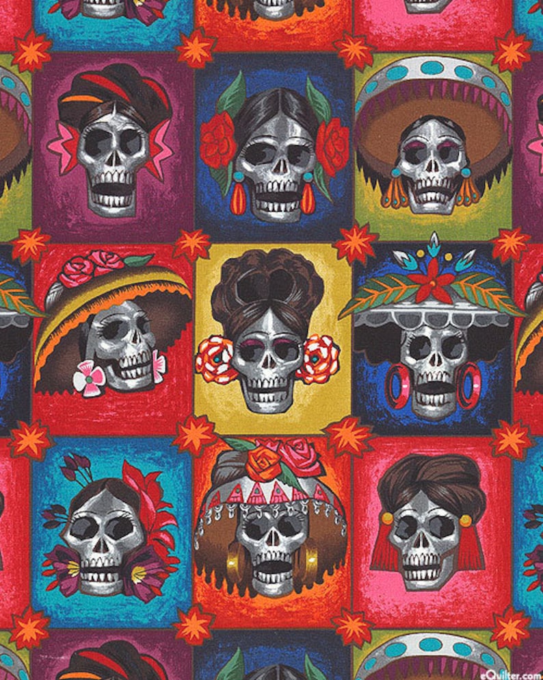 May include: A colorful pattern of Day of the Dead sugar skulls with floral accents. The skulls are depicted with different hairstyles and headwear, including flowers, hats, and ribbons. The background is a patchwork of bright colors, including red, blue, yellow, and green.