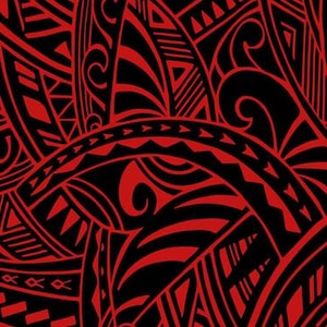 May include: Abstract pattern featuring a repeating design in red and black. The design includes curved lines, triangles, and other geometric shapes, creating a dynamic and visually engaging composition. The bold color contrast makes the pattern stand out.