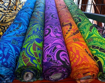 Polynesian Tribal Fabric – 45” Wide | Lightweight Soft Poly Cotton Feel | Sold by Yard or Roll | Made in Thailand | Island Design| Wholesale