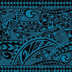 May include: A digitally created pattern featuring a repeating design in black and teal. The design incorporates floral and geometric shapes, including triangles, curved lines, and stylized leaves. The overall aesthetic is reminiscent of Polynesian tribal art.