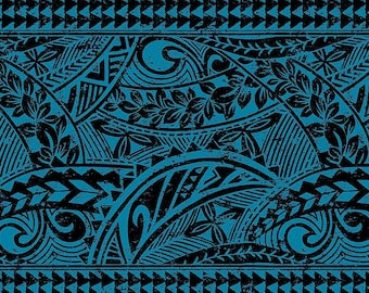 May include: A digitally created pattern featuring a repeating design in black and teal. The design incorporates floral and geometric shapes, including triangles, curved lines, and stylized leaves. The overall aesthetic is reminiscent of Polynesian tribal art.