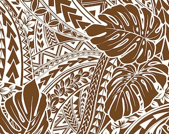 Tela Monstera tribal polinesia – Tela de mezcla de algodón y poliéster marrón y blanco, 112 cm de ancho, estampado isleño, cortada a medida