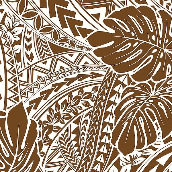 Polynesian Tribal Monstera Fabric – Brown & White Poly Cotton Blend Fabric, 44” Wide Island Print by the Yard