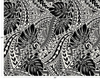 Polynesian Tribal Monstera Fabric – Black & White Poly Cotton Blend Fabric, 44” Wide Island Print by the Yard