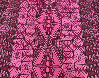 New! Polynesian Fabric, -Tapa Block Print with Tribal Tattoo Design, Island Fabric - Sold by the Yard - Polyester Fabric 45" - Pink Color