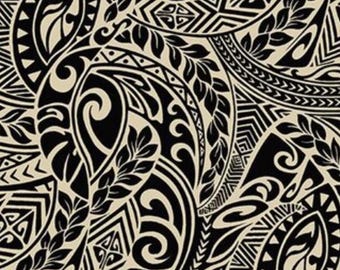 Polynesian Tribal Tapa Tattoo Fabric – Black & Cream Poly Cotton Blend Fabric, 44” Wide Island Print by the Yard