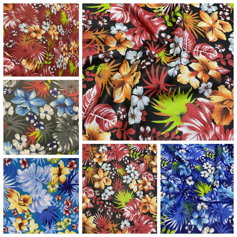 May include: Six different fabric swatches with tropical floral patterns. The swatches feature various colors, including red, blue, green, yellow, and white.