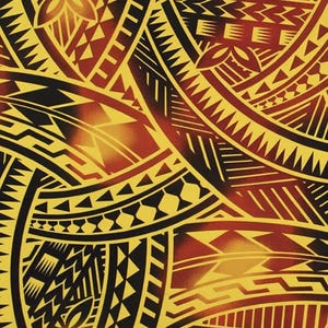 New Style Polynesian Tribal Tapa Tattoo Fabric – Yellow & Red Poly Cotton Blend Fabric, 44” Wide Island Print by the Yard