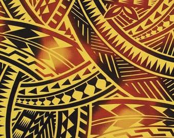 New Style Polynesian Tribal Tapa Tattoo Fabric – Yellow & Red Poly Cotton Blend Fabric, 44” Wide Island Print by the Yard