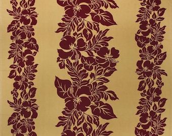 Polynesian Hibiscus Fabric – Champagne & Burgundy Poly Cotton Blend, 44” Wide, Sold by the Yard