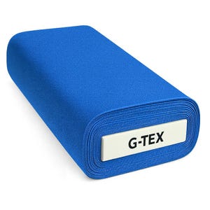 May include: A roll of vibrant blue fabric. The fabric is tightly rolled, revealing a textured surface. A white label with the text "G-TEX" is attached to the end of the roll. The fabric appears to be a solid color, suitable for various sewing projects.