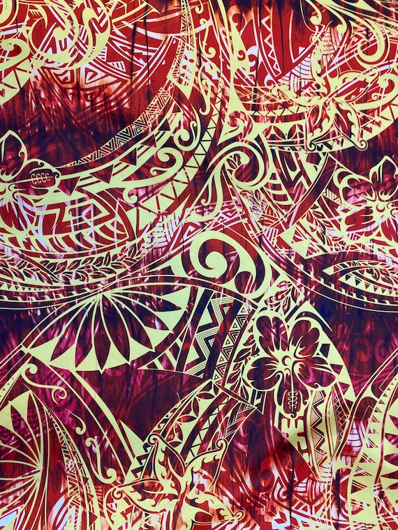 New Tropical Floral and Tribal Polynesian Fabric - Peach Skin