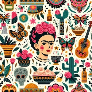 May include: A colorful illustration featuring a portrait of Frida Kahlo with a flower crown, surrounded by various Mexican-inspired elements like butterflies, skulls, cacti, and flowers.